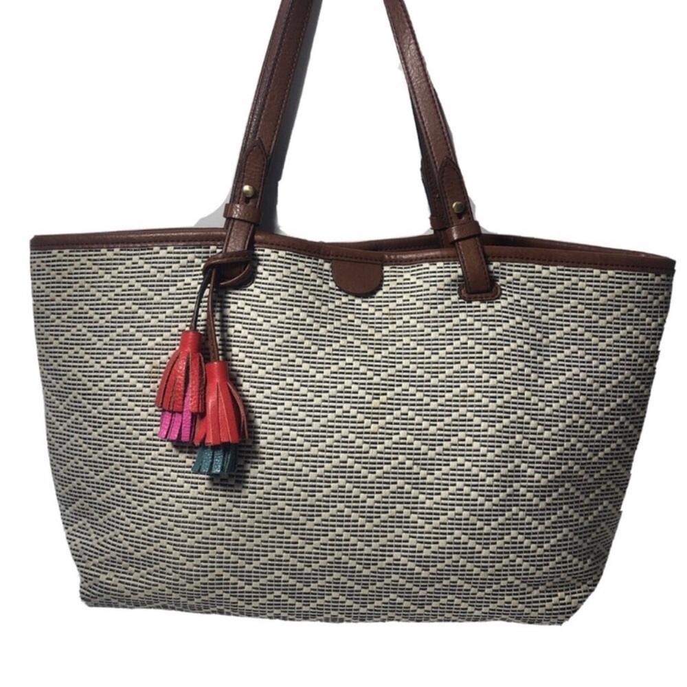 Fossil Brown and Cream Tote with Colorful Tassel.